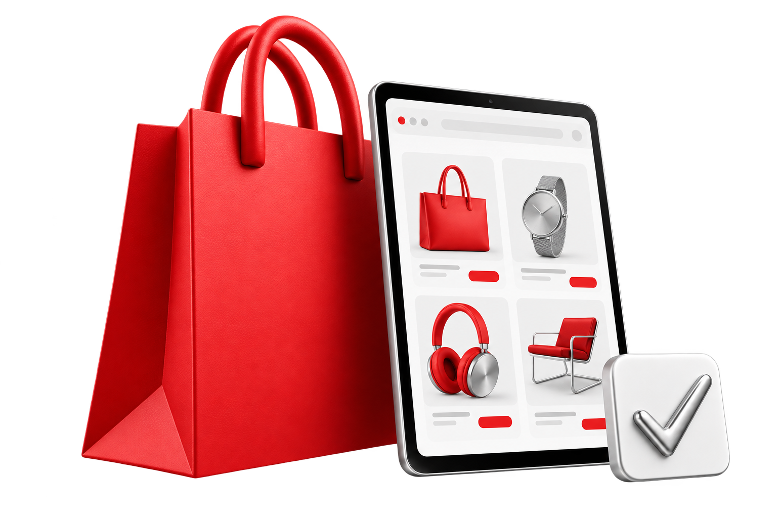 Sacola vermelha e tablet com uma loja virtual, ilustrando o serviço de e-commerce