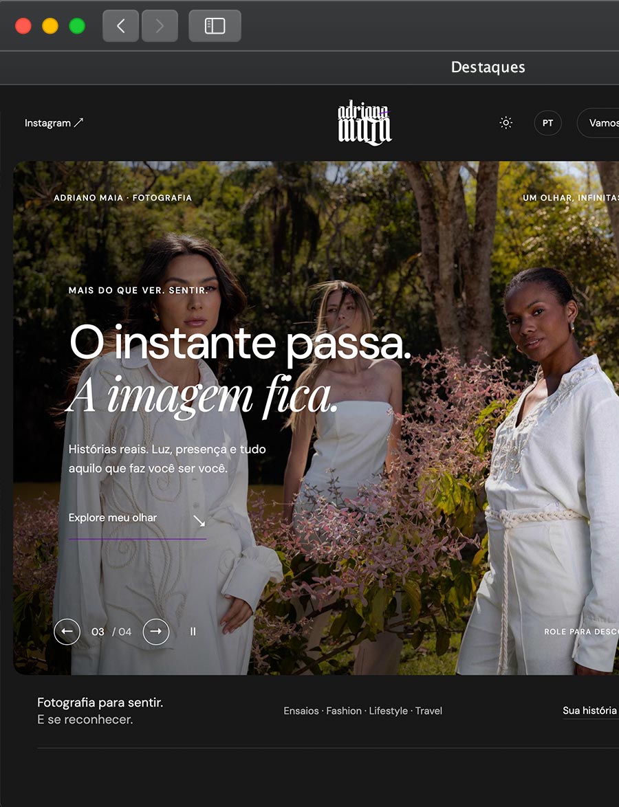 Prévia do site de fotografia de Adriano Maia, com três modelos em um jardim