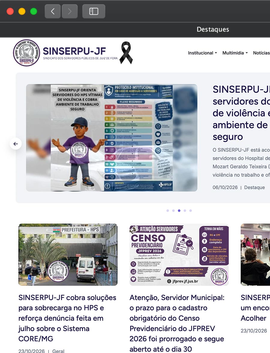 Prévia do site do SINSERPU-JF, sindicato dos servidores públicos de Juiz de Fora